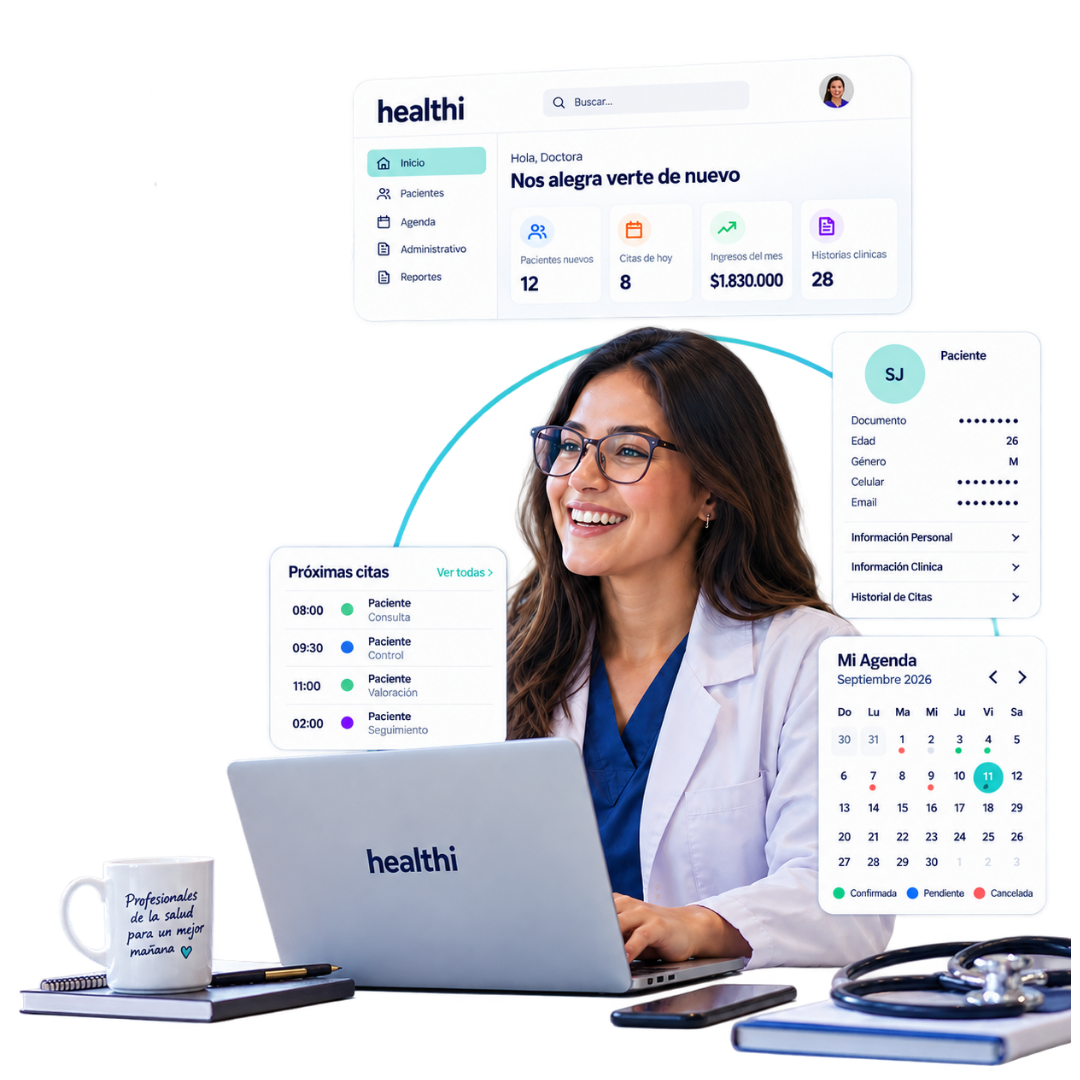 Profesional de la salud usando Healthi para gestionar pacientes, agenda e historias clínicas Profesional de la salud usando Healthi para gestionar pacientes, agenda e historias clínicas